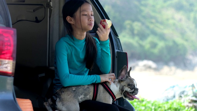 小女孩坐在车后座吃苹果和她的小狗。视频素材