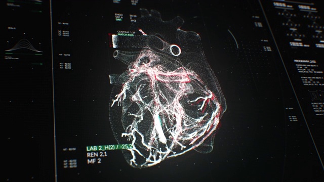 动画的用户界面HUD与身体分析和心脏移动在黑暗的背景与谷物处理的未来概念视频购买