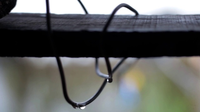 多莉电影拍摄的金属线或晾衣绳有一些雨滴与模糊的背景。视频素材