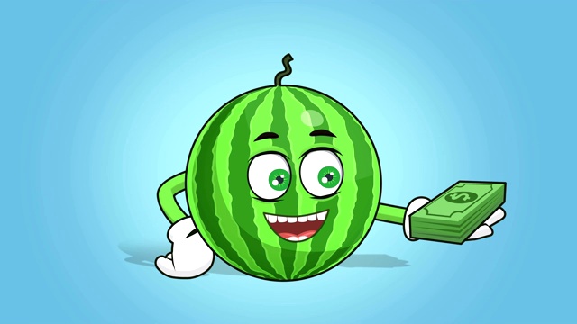 卡通西瓜脸动画钱在手阿尔法马特视频素材画面1