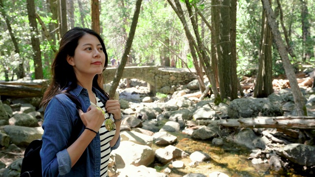 女孩徒步旅行者站在宁静的森林里视频素材