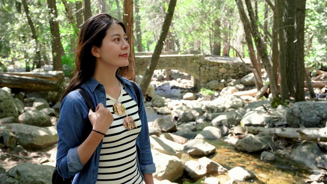 女游客在山间的小溪边徒步旅行视频素材