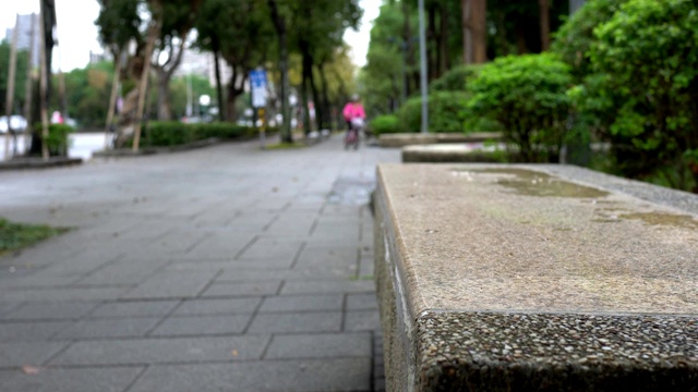 椅子，公园里的步道。亚洲的秋景。雨天。视频素材