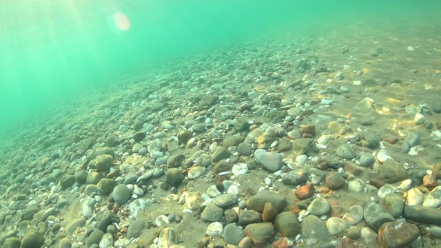 沙滩、石头和贝壳在海边的水面下。水中卵石石，自然风光。阳光透过碧绿的水面照射下来视频素材