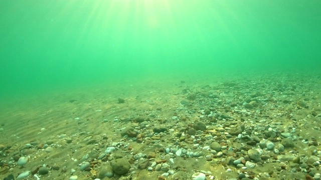 沙滩、石头和贝壳在海边的水面下。水中卵石石，自然风光。阳光透过碧绿的水面照射下来视频素材