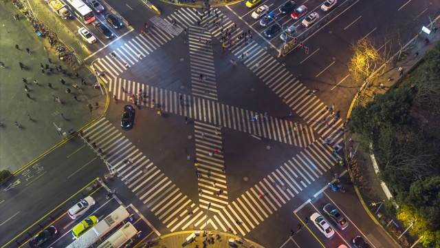 上海城市交叉口夜间交通鸟瞰图。视频素材