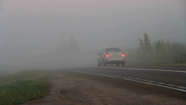 极值开车。汽车进入浓雾，尾灯和停止信号亮着视频素材