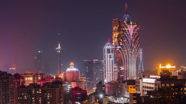 暮色中的澳门，中国城市天际线。视频素材画面1