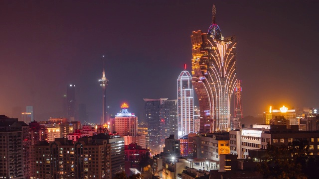 暮色中的澳门，中国城市天际线。视频素材画面2