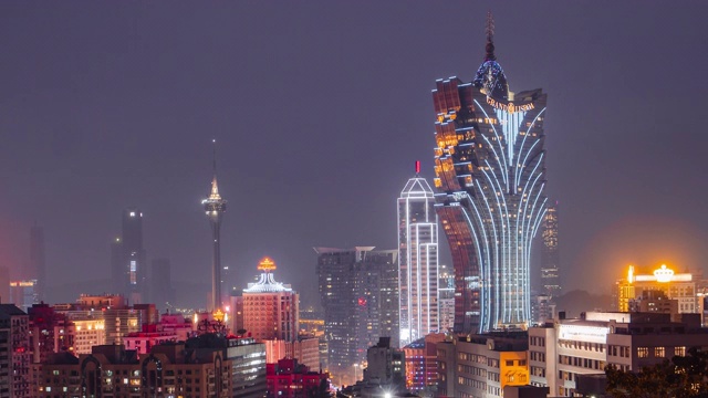 暮色中的澳门，中国城市天际线。视频素材画面3