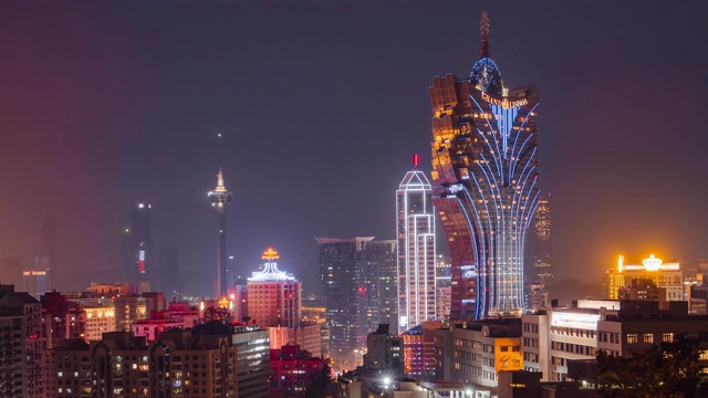 暮色中的澳门，中国城市天际线。视频素材画面4