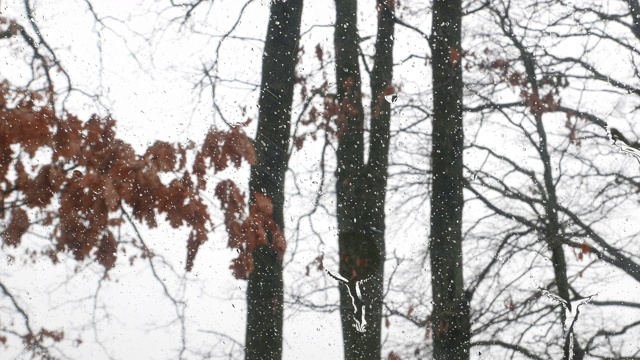 雨滴从玻璃上滴下来。汽车挡风玻璃。气候。视频素材