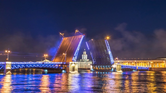 俄罗斯圣彼得堡时间流逝4K，城市天际线夜晚时光流逝宫殿桥视频素材