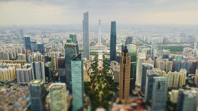 晴天广州市区天河区广场空中倾斜漂移全景4k时间间隔中国视频素材