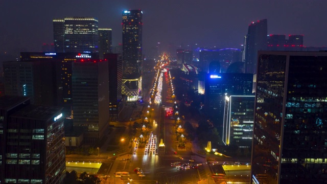 黄昏时间夜晚照明成都城市中心交通街道道路空中时间推移全景4k中国视频素材