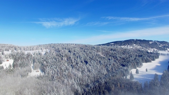 在一个阳光明媚的日子里飞过云层和积雪的森林视频素材
