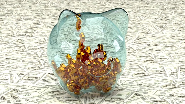 金元符号落入一个以纸币为背景的玻璃储蓄罐。三维动画视频素材画面1
