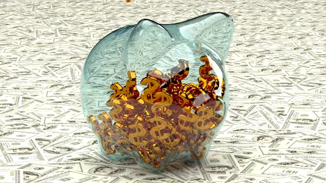 金元符号落入一个以纸币为背景的玻璃储蓄罐。三维动画视频素材画面2