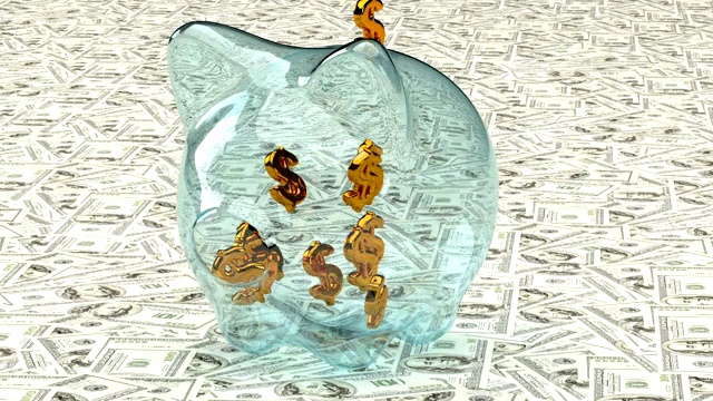 金元符号落入一个以纸币为背景的玻璃储蓄罐。三维动画视频素材画面3