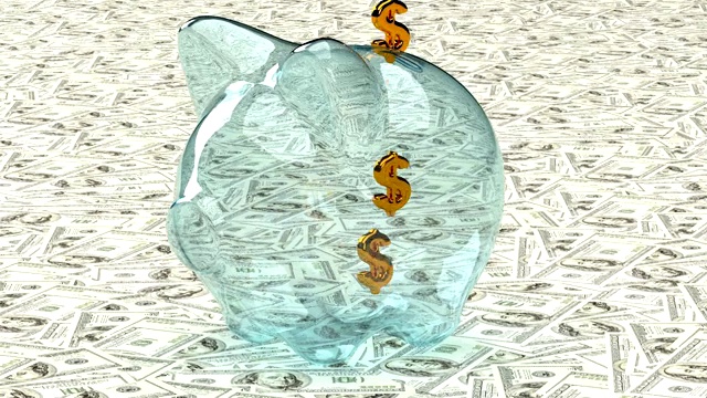 金元符号落入一个以纸币为背景的玻璃储蓄罐。三维动画视频素材画面4