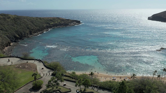 夏威夷瓦胡岛的哈瑙马湾自然保护区的无人机视图视频素材