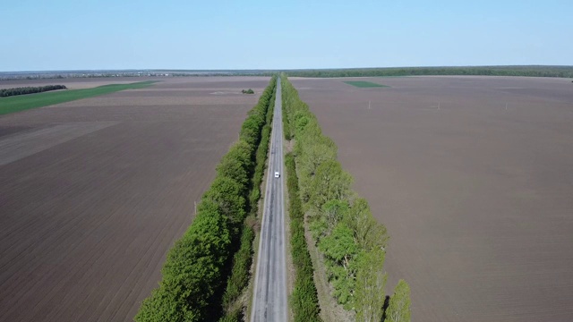 汽车行驶的道路，是一条在田野和树木之间的笔直道路。视频素材