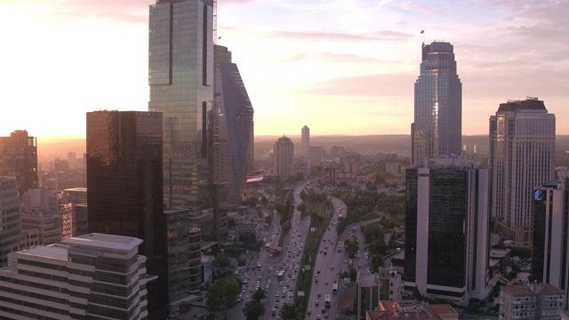 商业大厦，摩天大楼，商业中心，航拍，夜景，日落城市景观视频素材