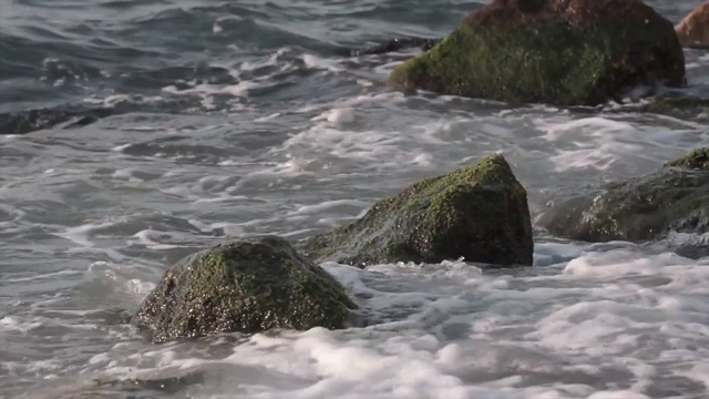 海浪在岸边，海滩。被冲上岸的水和泡沫与沙子。夏天的概念。视频素材