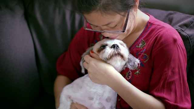 一个亚洲女人和她的狗在家里的客厅里。视频素材