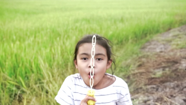 亚洲的孩子们笑着，在一个夏天的绿色稻田吹泡泡，与慢动作股票视频有乐趣视频素材画面2