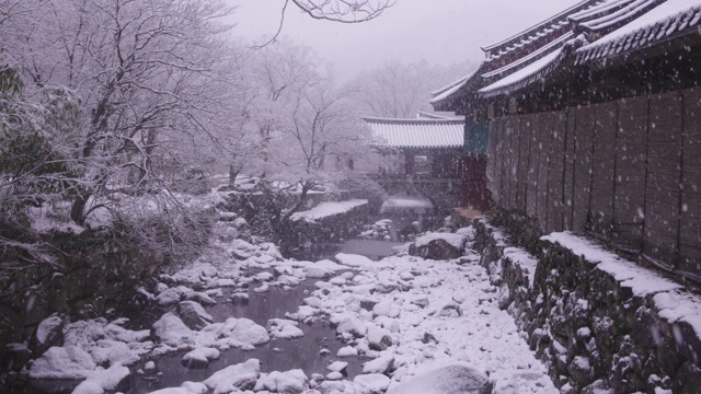 韩国全罗南道，若溪山/顺天溪松光沙寺的冬季雪景视频素材