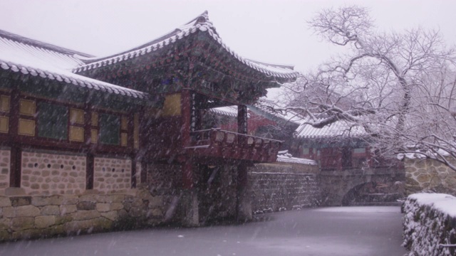 韩国全罗南道，若溪山/顺天溪松光沙寺的冬季雪景视频素材