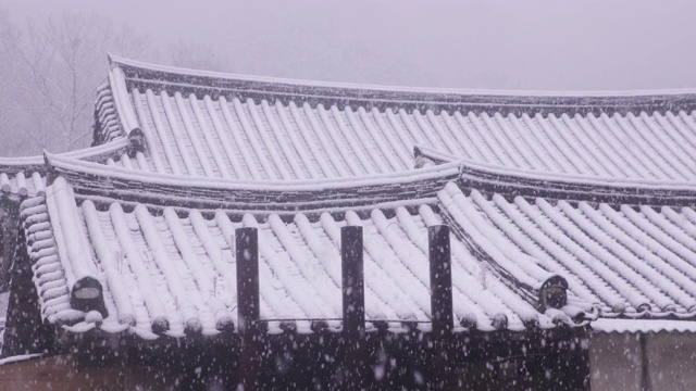 韩国全罗南道，若溪山/顺天溪松光沙寺的冬季雪景视频素材