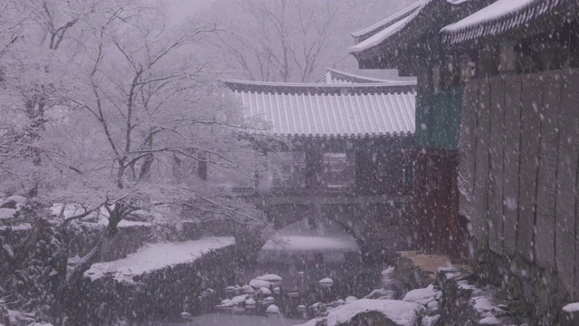 韩国全罗南道，若溪山/顺天溪松光沙寺的冬季雪景视频素材