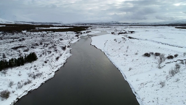 无人机视角显示雪景和河流，冰岛视频素材