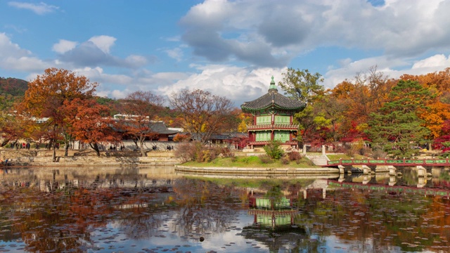 韩国首尔庆福宫(钟no -gu)香原亭池塘的秋景视频素材