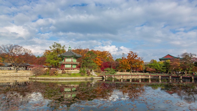 韩国首尔庆福宫(钟no -gu)香原亭池塘的秋景视频素材