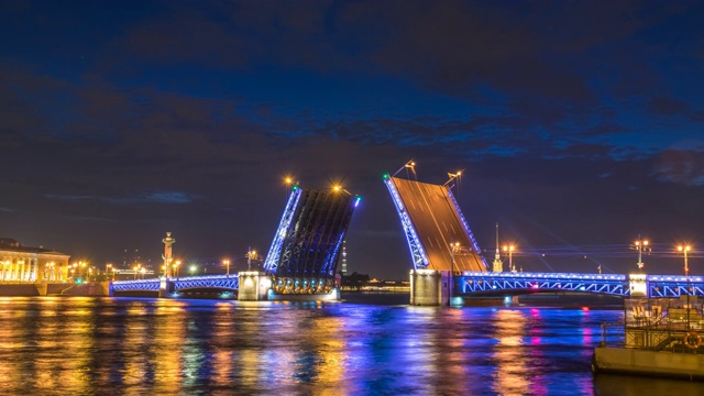 俄罗斯圣彼得堡时间流逝4K，城市天际线夜晚时光流逝宫殿桥视频素材