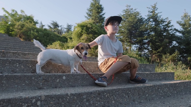 快乐的男孩愉快地坐在城市公园的台阶上，他的狗品种杰克罗素梗和他的宠物玩耍，微笑的慢动作，拍她的耳朵。孩子和他的宠物玩。生活方式视频素材