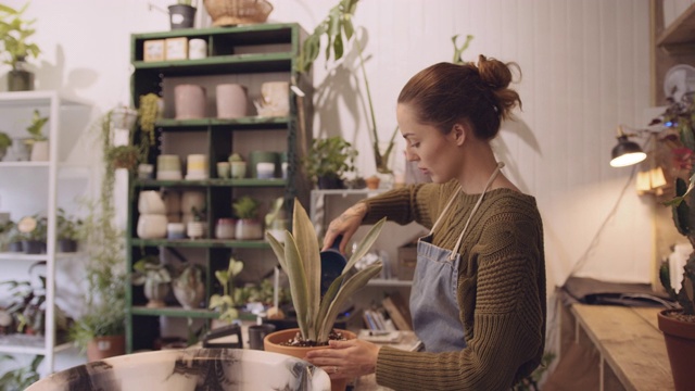 女植物商店店主工作在商店种植盆栽视频素材