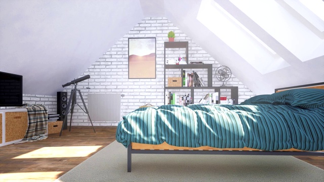 明亮的现代卧室内部在阁楼与双人床3D动画视频素材画面1