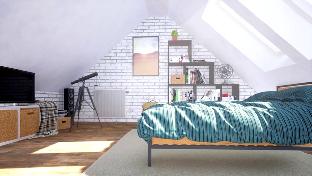 明亮的现代卧室内部在阁楼与双人床3D动画视频素材画面2