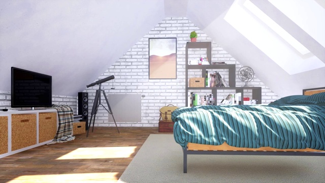 明亮的现代卧室内部在阁楼与双人床3D动画视频素材画面3