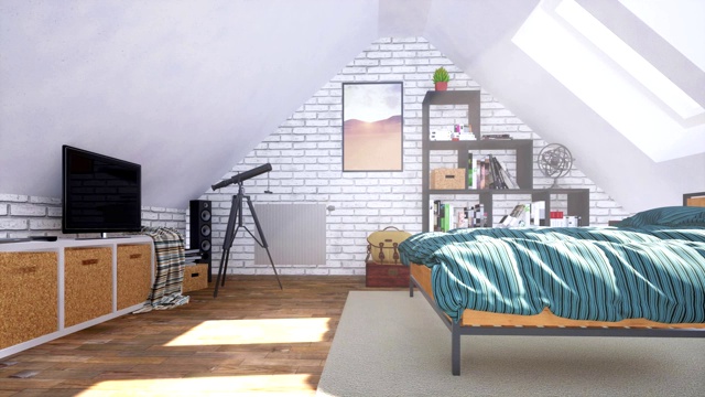 明亮的现代卧室内部在阁楼与双人床3D动画视频素材画面4
