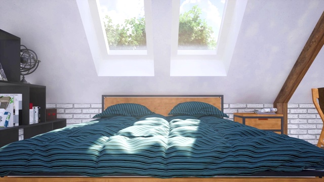 双人床的特写在阁楼卧室内部3D动画视频素材画面3
