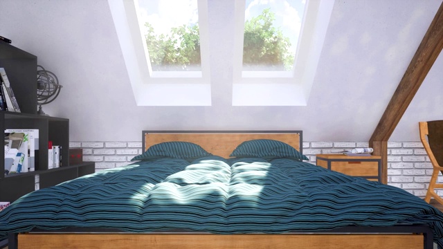 双人床的特写在阁楼卧室内部3D动画视频素材画面4