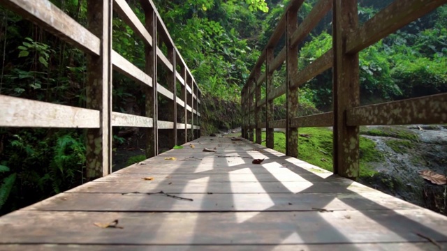 古老的木桥横跨山间的河流在丛林中视频素材