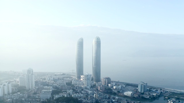 福建沿海城市背光下的航拍视频素材