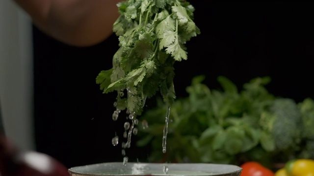 专业厨师洗芫荽叶。慢动作视频素材