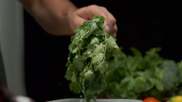 专业厨师洗芫荽叶。慢动作视频素材